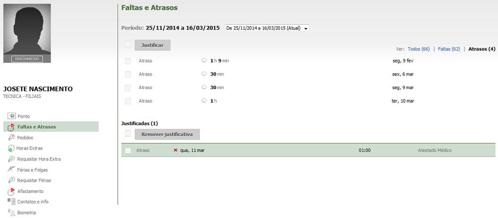 Selecione o período de falta e, em seguida, clique em Justificar.