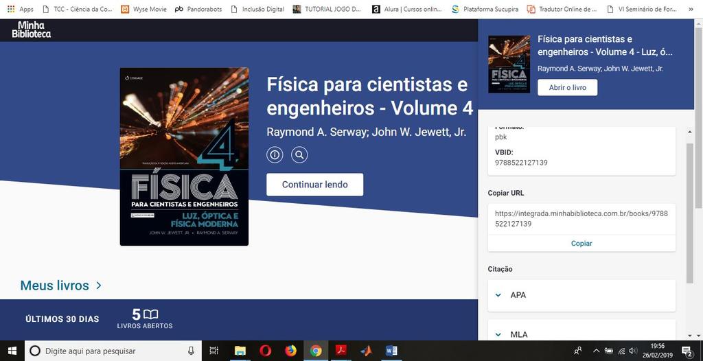 Detalhes Copiar o link do livro e colocar em uma URL no ambiente Moodle para acesso Clicar no botão copiar Mostra a citação do livro para ser colocado nas referências Pesquisar dentro dos livros