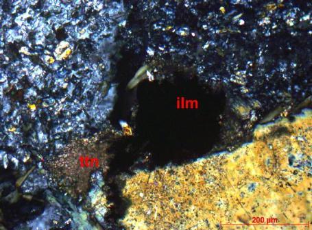 A B Figura 14 - Fotomicrografias de metabasito mostrando ilmenita (ilm) substituída por titanita (ttn). Amostra FJG23 375,07 m.