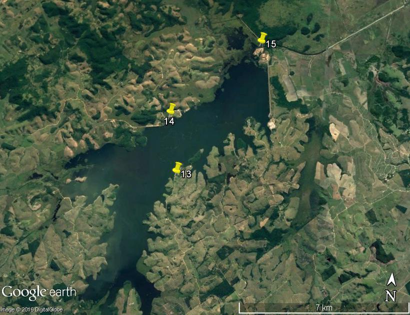 Lagoa de Juturnaíba Na A Lagoa de Juturnaíba foram estabelecidos três pontos de coleta (13-Margem Direita, 14- Margem Esquerda e 15-Barragem) (Figura 39).