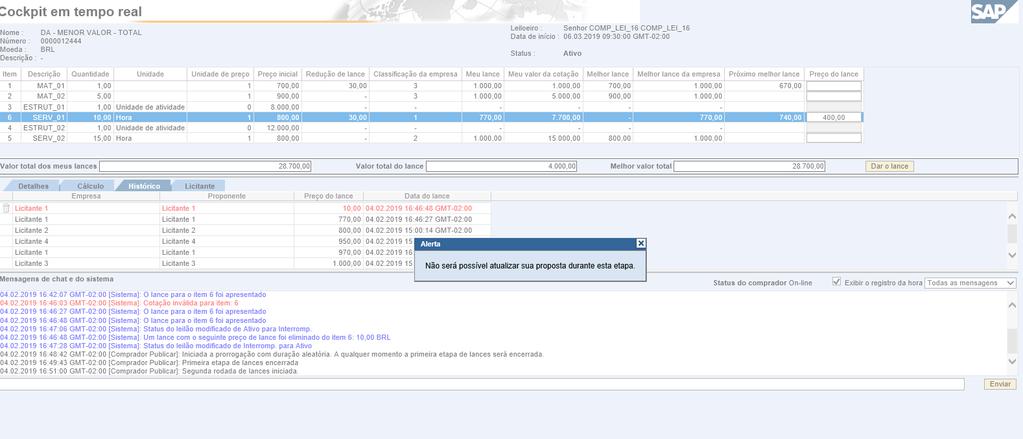 Etapa de lances Segunda Rodada de Lances em andamento - vencedor da proposta total tenta enviar lance: