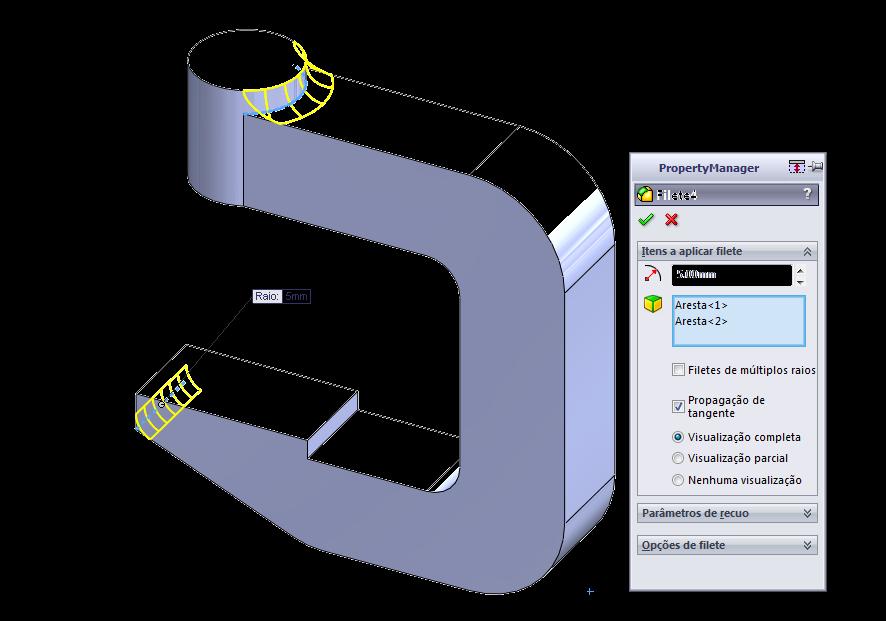 Defina o valor do raio de 5 mm nas arestas selecionadas.