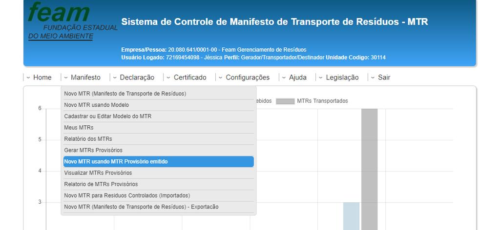 Regularizando MTR Provisório No menu Manifesto, o