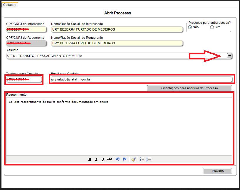 7º - Selecione o assunto do seu processo, preencha o telefone e email para contato, escreva informações adicionais referente ao processo em requerimento, concluído, clique em PROXIMO. ATENÇÃO!