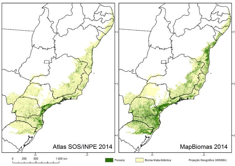 2. Discussão sobre as iniciativas de monitoramento Em linhas gerais, a distribuição dos remanescentes florestais na Mata Atlântica é muito semelhante nas duas iniciativas de mapeamento Atlas da