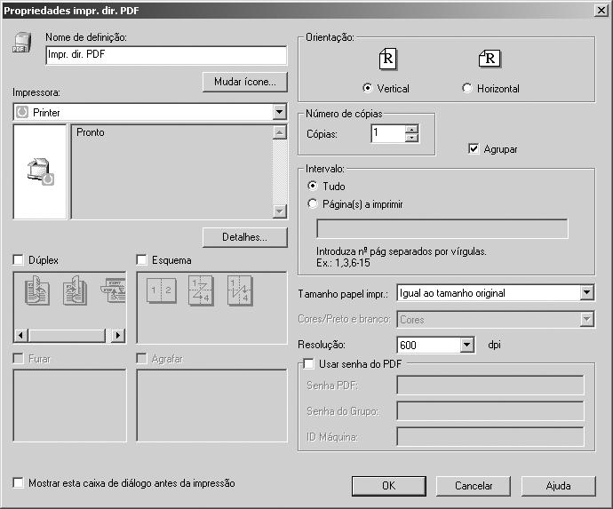 Imprimir um ficheiro PDF directamente Propriedades da Impressão Directa de PDF 3 PT ASC005S 1. Definir nome: Apresenta o nome de configuração do plug-in (até 63 caracteres de um só byte) 2.