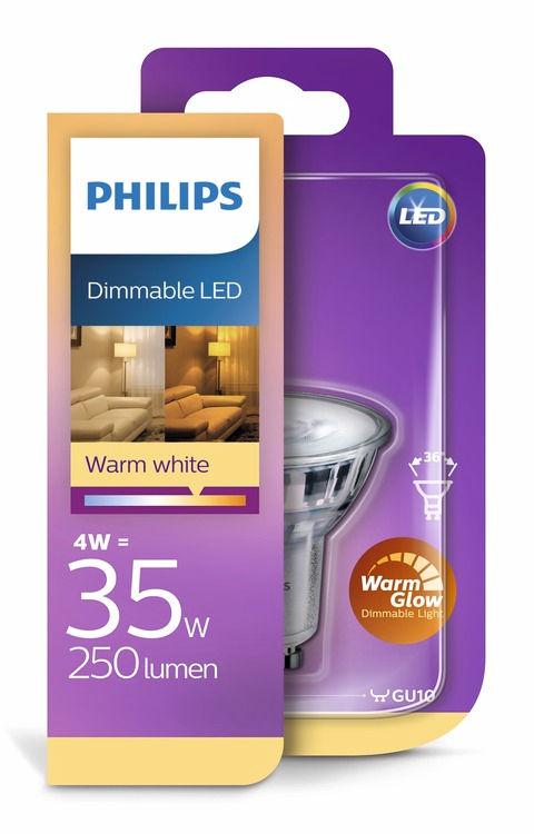 PHILIPS LED Foco (intensidade de luz regulável) 4 W (35 W) GU10 De branco quente a extraquente WarmGlow de intensidade regulável O que está no interior faz a