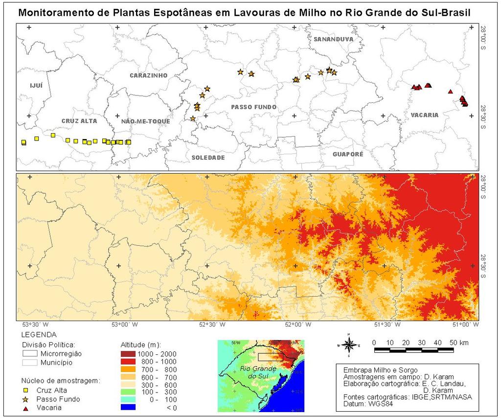 e 73 indivíduos para as mesmas regiões anteriores, respectivamente. 11 Plantas daninhas presentes na cultura do milho no estado do Rio Grande do Sul Figura 1.