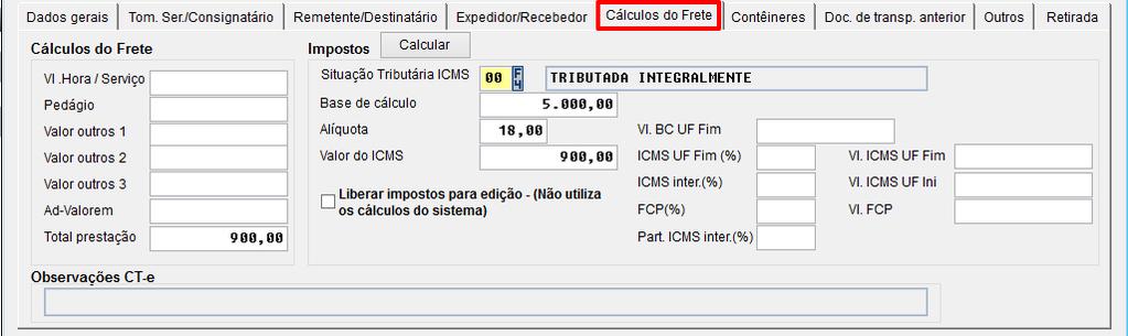 CT-e; Tela Cálculo do Frete exibe as informações de cálculos de