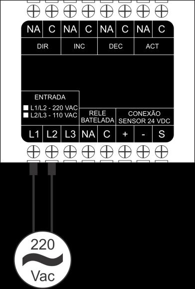 4 Conexão da alimentação do módulo eletrônico 220Vac A alimentação 220 Vac deve ser realizada pelos bornes L1 e L2 conforme a imagem acima.