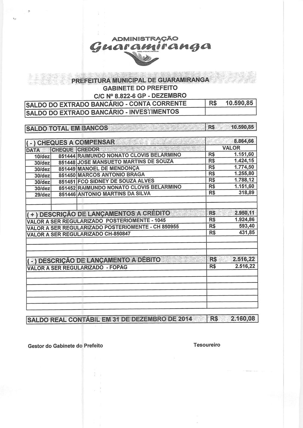 PREFEITURA MUNICIPAL DE GUARAMIRANGA GABINETE DO PREFEITO C/C N 8.822-6 GP - DEZEMBRO SALDO DO EXTRADO BANCÁRIO - CONTA CORRENTE 10.