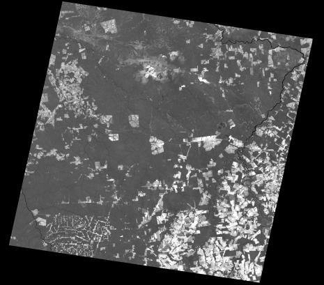 Visualização de Dados TM/LANDSAT (Bandas a 5 e 7) 7/68 ano 999 (ganho,45 e offset variável) Média DPadrão B 45,556 9,3 B 8,36,6 B3 5,484,837 B4 3,698 8,8 B5 8,5 44,84 B7 39,7 5,8 Covariância B B B3