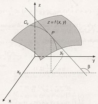 Portanto, a derivada parcial de f em relação a x no ponto (x 0, y 0 ) representa o coeficiente angular da reta tangente à curva C 1 no ponto (x 0, y 0 ) na direção paralela ao eixo x, isto é tg α =