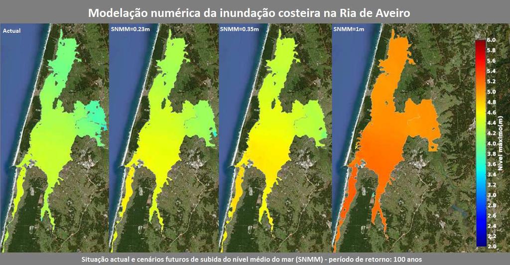 Cartas de zonas inundáveis Objectivo: Elaboração de cartas de zonas inundáveis para a Ria de Aveiro, para diferentes períodos de retorno e cenários de subida do nível médio do mar