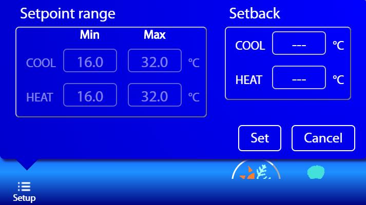 Toque aqui para ativar o limite de intervalo Setpoint Min/Max para Frio/ Quente pode ser configurado.