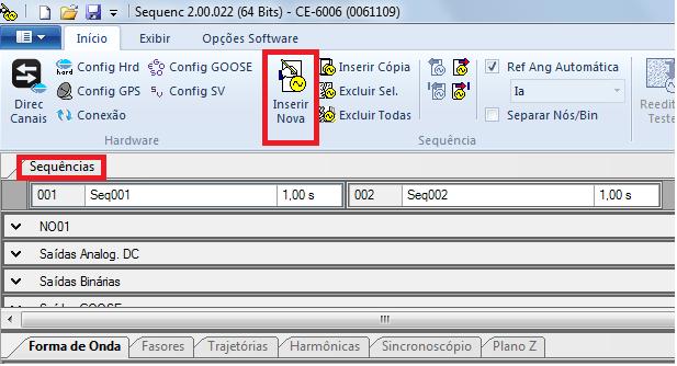 7.1 Criando a sequência de falta e desligamento Adicione duas sequências clicando no botão destacado a seguir e depois de dois cliques na aba Sequência.