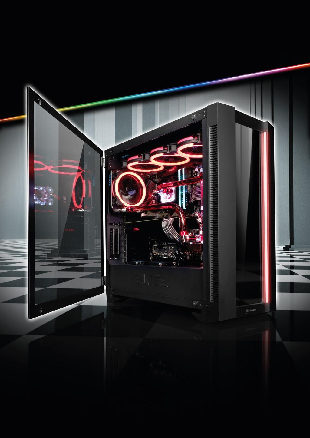 O LUGAR PERFEITO PARA O SEU HARDWARE Com um design moderno em preto e neon e um painel lateral quase totalmente em vidro temperado, o ELITE SHARK CA200 é a