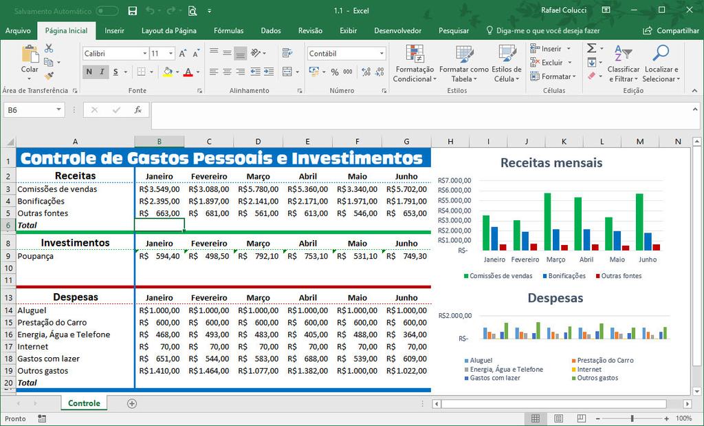 Excel para Engenheiros Abaixo mostro um simples exemplo de uma planilha utilizada para o controle de gastos pessoais e investimentos que qualquer um pode criar no Excel.