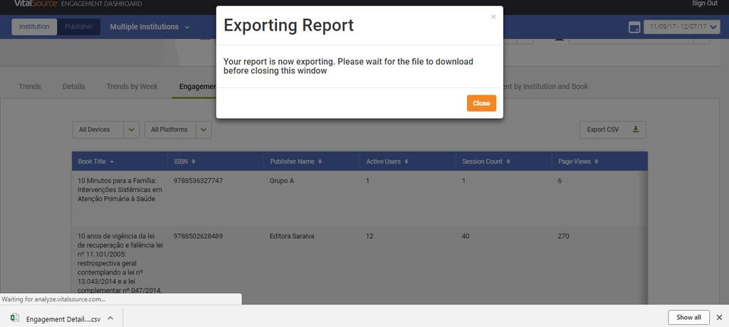 RELATÓRIO ENGAGEMENT BY BOOK Quando clicar em exportar o arquivo abrirá um caixa de diálogo