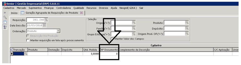 Documento): Em seguida, clique em Processar (no canto superior direito) para gerar a requisição de estoque, conforme assinalado na figura à direita.