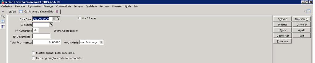 Estoques>Inventário>Contagens Devem ser preenchidos os seguintes campos: a) Data Base: Data base da inicialização do inventário; b) Depósito: Depósito da inicialização do inventário; c) Nº Contagem: