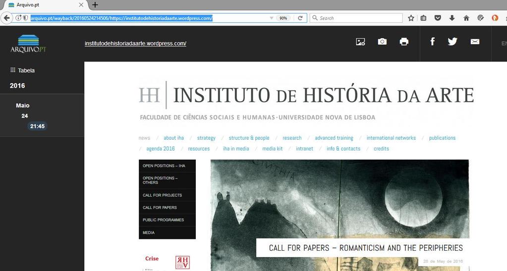 Fig. 3: Aspecto da página de entrada do site do IHA design em 2016. (http://arquivo.pt/wayback/20160524214506/https://institutodehistoriadaarte.wordpress.