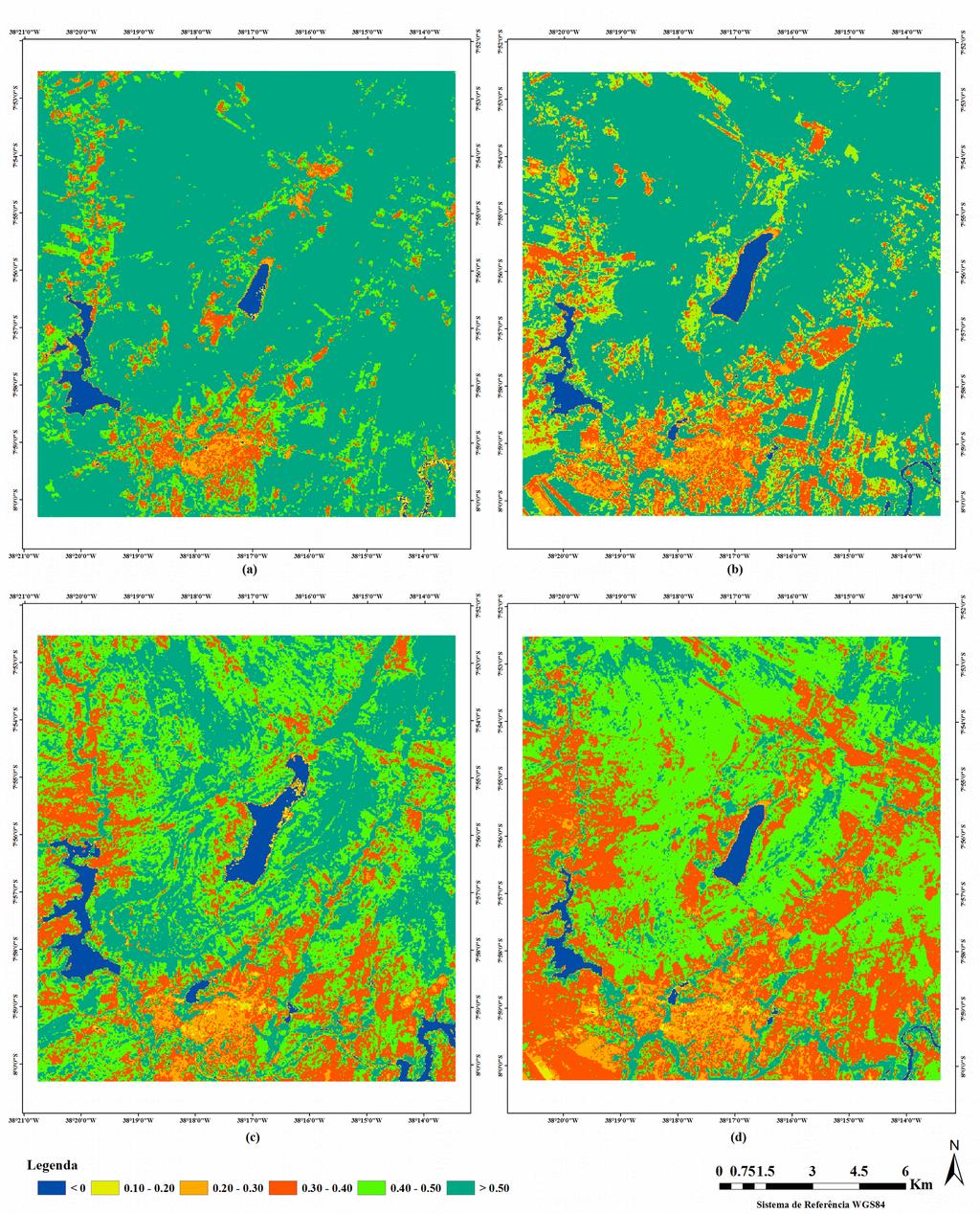 Figura 1. Distribuição dos valores de NDVI para os dias (a) 19.02.2008 e (b) 06.