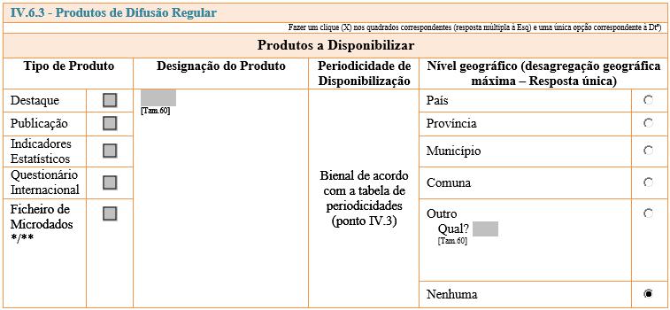 * A disponibilizar em condições específicas. ** Ao preencher a coluna referente ao nível geográfico indicar a unidade estatística dos dados. V. Caracterização Metodológica V.