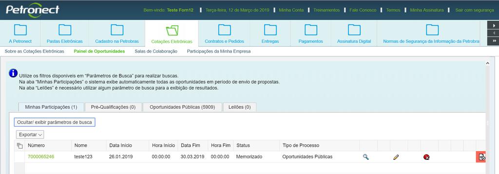 Identificação de oportunidades em Julgamento Lote: Obs²: Na aba Oportunidades Públicas também estarão disponíveis para inscrição as oportunidades tipo Pregão Eletrônico.