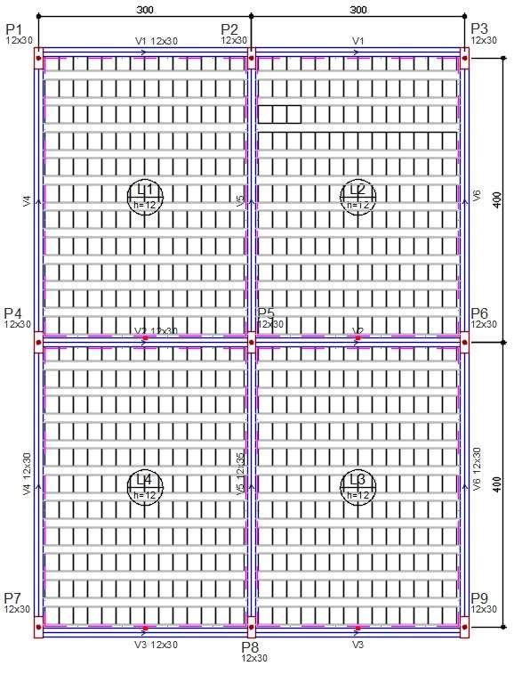 Figura 5 Forma do pavimento térreo da estrutura hipotética 01 Fonte: Elaborado pelo autor, 2015 Nesta planta de forma do pavimento térreo, conforme figura 5, há 9 pilares com seções transversais de