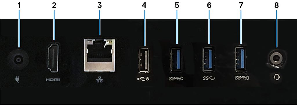 Painel posterior 1 Porta do transformador de corrente Ligue um transformador para fornecer energia ao seu computador. 2 Porta de saída HDMI Ligue um televisor ou outro dispositivo com HDMI-in.