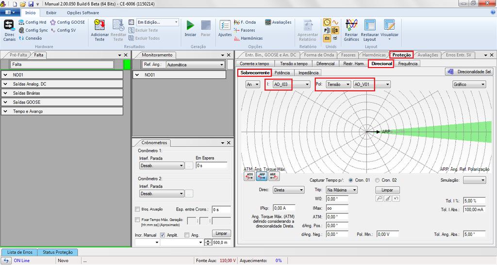 7. Ajustes da função Direcional de Sobrecorrente 7.1 Aba Proteção > Aba Direcional > Aba Sobrecorrente Para que essa aba fique ativa é necessário especificar um canal de tensão e um canal de corrente.