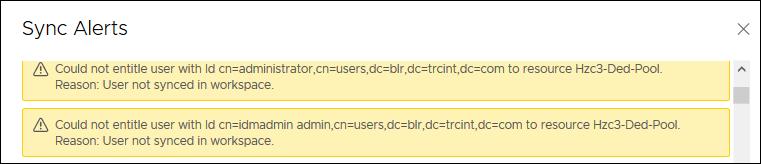 Para visualizar Desktops, aplicativos e direitos que foram adicionados ou excluídos na última sincronização Consulte 1 Clique em Mais na coluna Status de Sincronização.