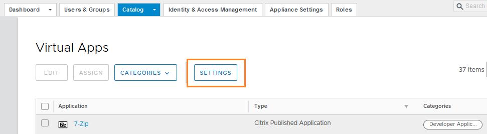 As configurações para o Horizon, o Horizon Cloud, o ThinApp e os recursos publicados Citrix estão disponíveis no botão Configurações da guia Catálogo >
