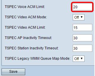 Nota: Neste exemplo, o limite da Voz ACM TSPEC é 20. Etapa 16. Escolha um modo que regule o ACM para a categoria video do acesso da lista de drop-down do modo da Voz ACM TSPEC.