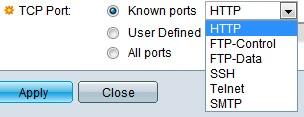 Etapa 6. Clique a porta do TCP destino que está sendo filtrada. São dos tipos: Portas conhecidas Escolha uma porta da lista. Definido pelo utilizador Entre no número de porta.