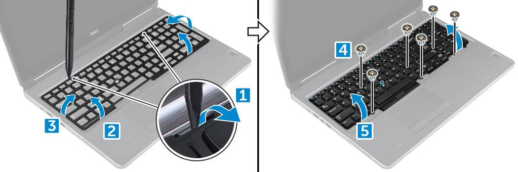 Como instalar o teclado 1 Alinhe o teclado e reconduza os cabos através da parte inferior do compartimento. 2 Pressione e alinhe o teclado em seu compartimento.