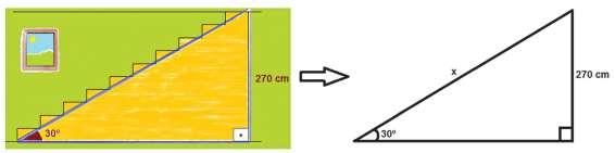 Para calcular qual deve ser a medida da escada podemos utilizar a relação seno que é a razão entre o cateto oposto e a hipotenusa.