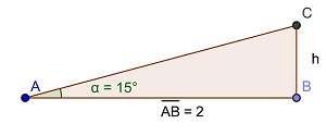 Resolução Procedimento a) Traçar um segmento de reta com comprimento fixo e colocar medida 2 (representando 2 Km). b) Clicar em Ângulo com amplitude fixa do B para A e colocar 15º.
