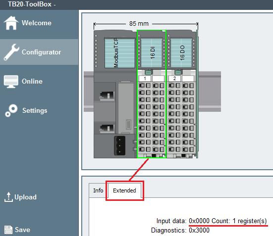 TB20 ToolBox Exemplo endereçamento de um módulo de Entrada Digital de 16 pontos, alocado no Slot 1 Na aba Extended, você verifica qual o endereço que o Sw