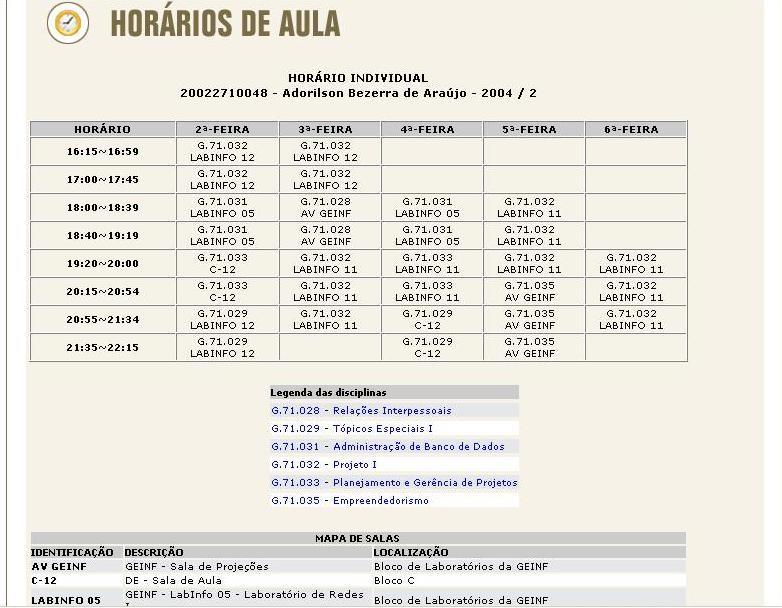 2.1 Horário Individual Fig. 2.1.0 O link do horário individual mostra ao aluno a relação entre os dias/hora de cada disciplina que o mesmo irá assistir durante o período.