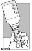 6 Segure o frasco de cabeça para baixo, com uma das mãos segure o dosador e com a outra puxe o êmbolo da seringa dosadora até a medida indicada no corpo do mesmo.