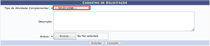 Possuir um certificado ou documento que comprove a atividade complementar; Passo-a-passo Para inicar uma socilitação de atividade complementar, clique no menu "Atividades Complementares > Enviar