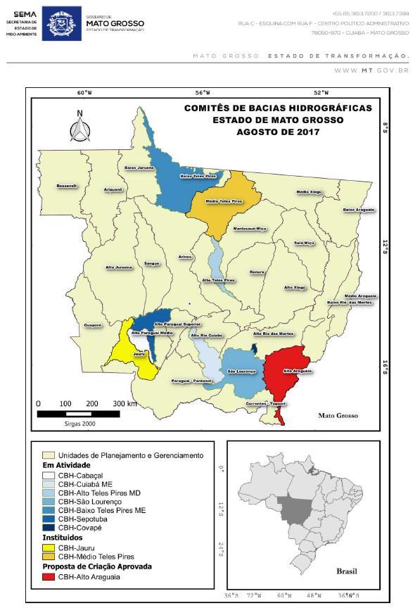 Localização da Área Localiza-se na Região Hidrográfica do Paraguai (ANA, 2015); Tem como área de abrangência os afluentes da margem esquerda do Rio Cuiabá, localizados entre o divisor de águas do rio