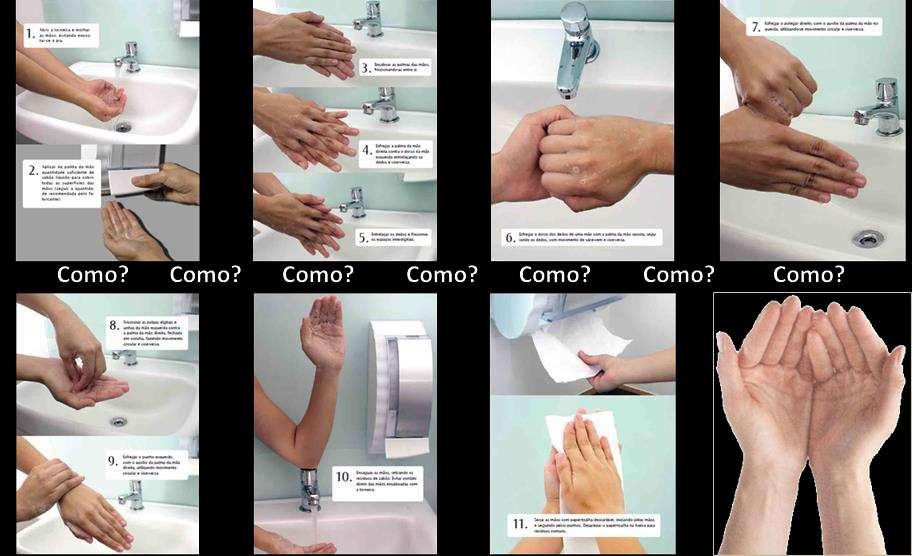 Como devemos realizar a higienização simples das mãos: Para a higienização simples das mãos, devemos adotar os seguintes passos: 1. Abrir a torneira e molhar as mãos; 2.