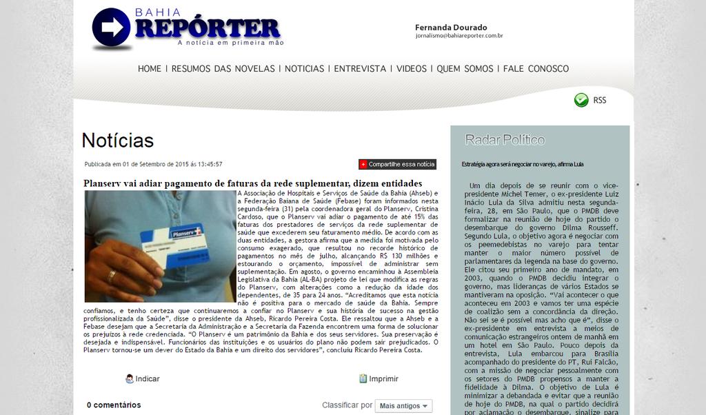 Veículo: Bahia Repórter Data: 01/09/2015 Seção: Notícias Página: