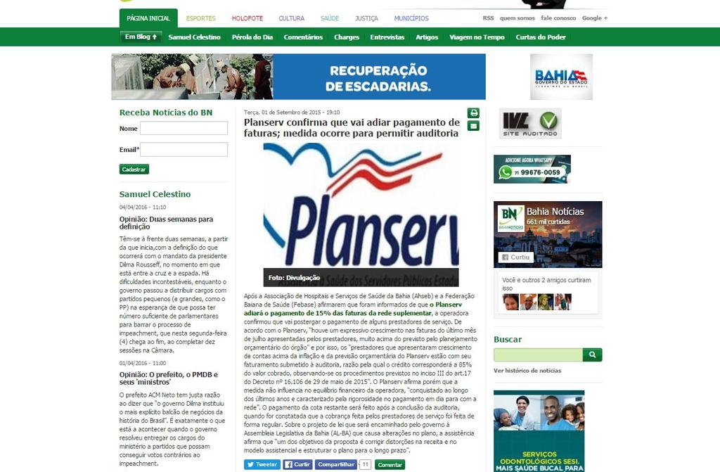 Veículo: Bahia Notícias Data: 01/09/2015 Seção: Página Inicial Página: http://www.bahianoticias.com.