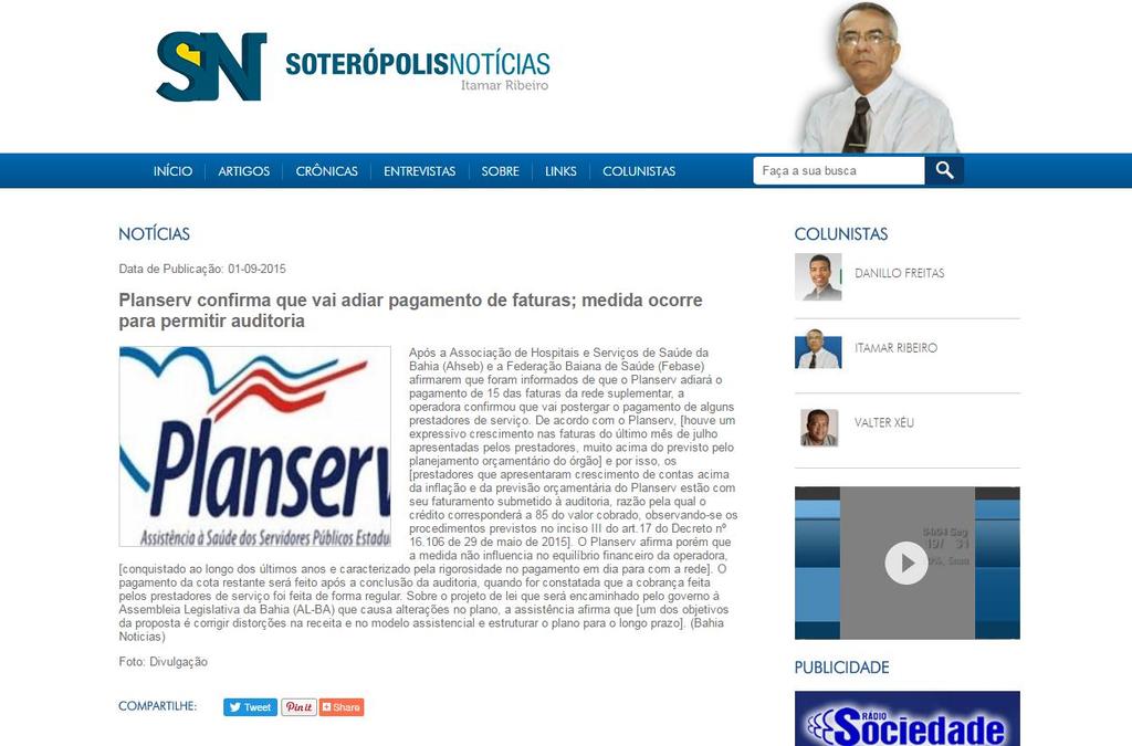 Veículo: Soterópolis Notícias Data: 01/09/2015 Seção: Notícias Página: http://www.soteropolisnoticias.com.