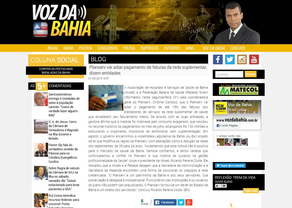 Veículo: Voz da Bahia Data: 01/09/2015 Seção: Blog Página: http://www.vozdabahia.com.