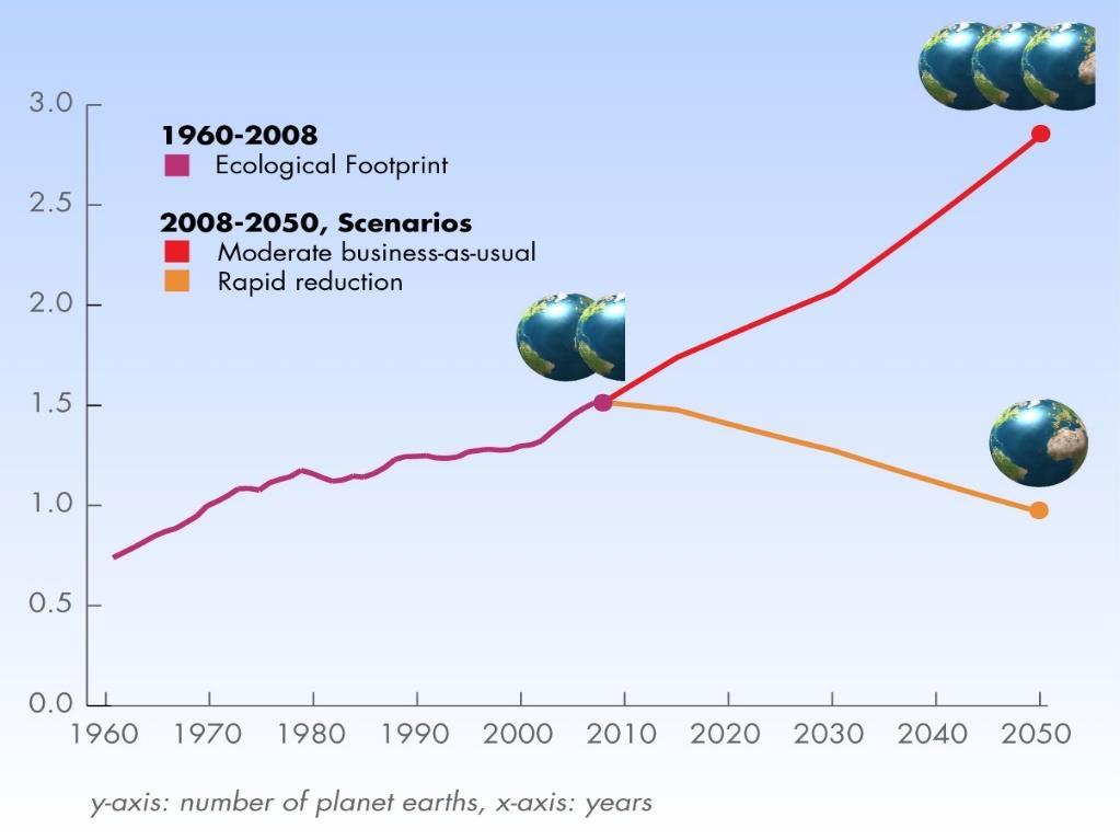 O número de nações cuja PE excede a Biocapacidade tem aumentado de ano para ano. Atualmente a PE global excede a biocapacidade do planeta.